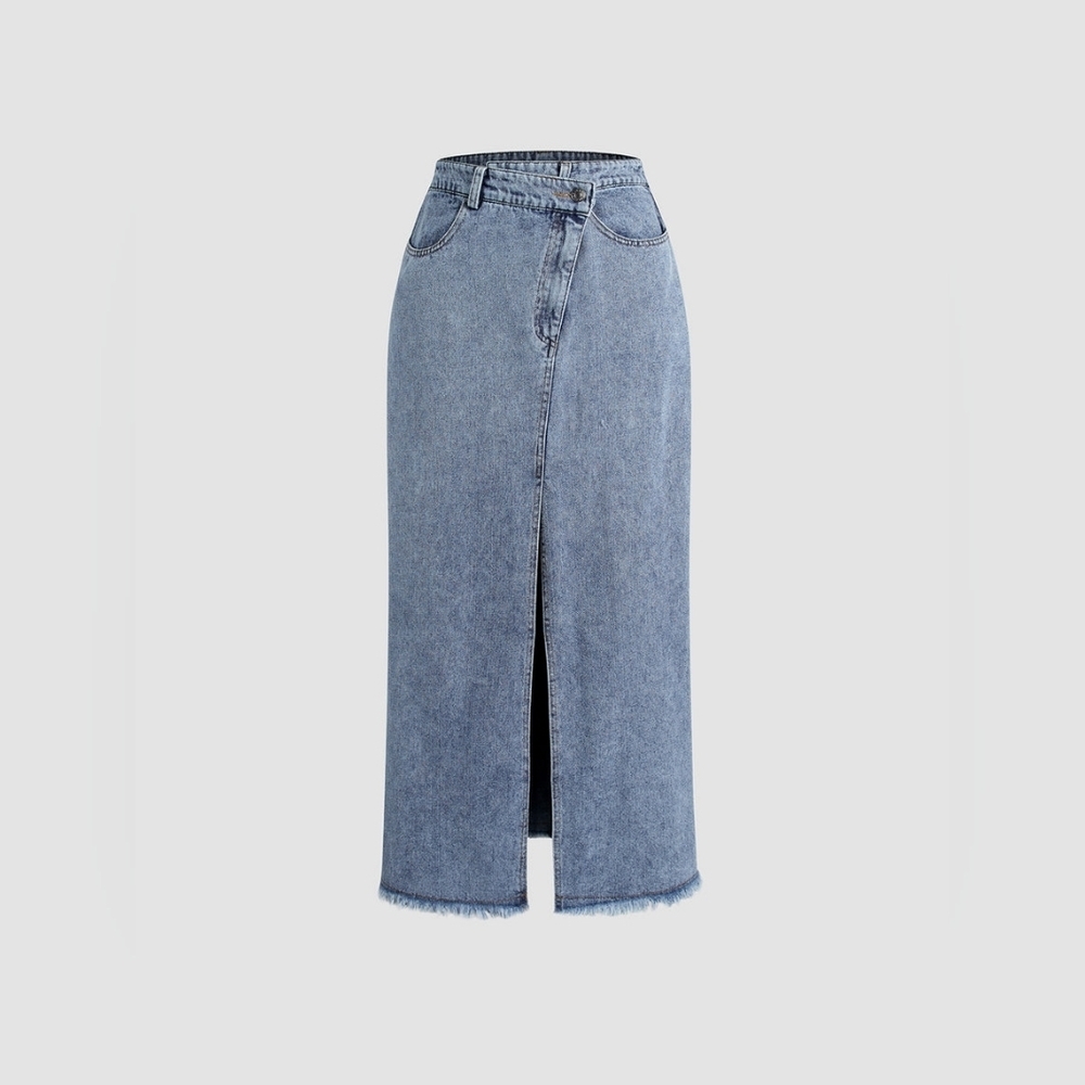 Asymmetrical Button Pockets Slit Denim Maxi Skirt - Commense